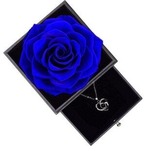 Blue Preserved Rose with I Love You Necklace in 100 Languages, Jewelry Box